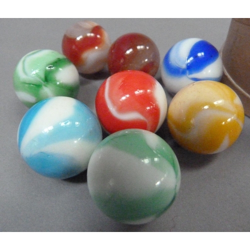 6 - A set of six vintage white and single colour opaque glass marbles (possibly Akro),  two translucent ... 