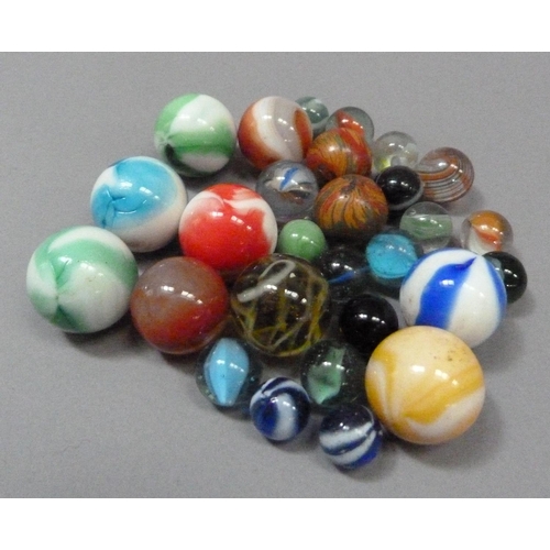 6 - A set of six vintage white and single colour opaque glass marbles (possibly Akro),  two translucent ... 