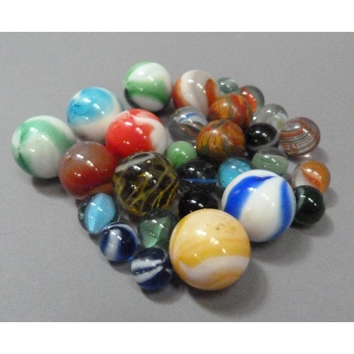 6 - A set of six vintage white and single colour opaque glass marbles (possibly Akro),  two translucent ... 