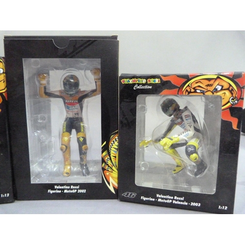 84 - Minichamps 1:12 Valentino Rossi figurines - GP500 2001 riding; MotoGP 2002 riding, arms up; MotoGP V... 