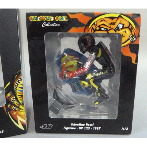 87 - Minichamps 1:12 Valentino Rossi figurines - GP125 1997, riding with cape and wheelsyand, boxed; GP25... 