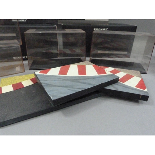 98 - Minichamps, five perspex display cases, 23.5cm x 10cm x 15cm high (5), 3 boxed; 35.5cm x 16cm x 14.5... 