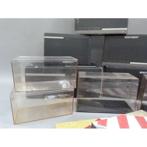 98 - Minichamps, five perspex display cases, 23.5cm x 10cm x 15cm high (5), 3 boxed; 35.5cm x 16cm x 14.5... 