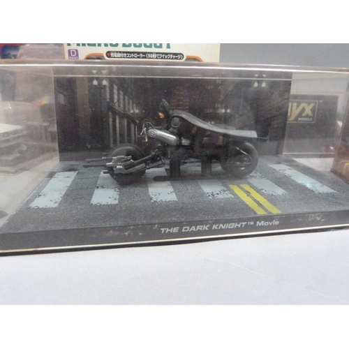 99 - The Dark Knight movie model bat bike and figure in display case, Onyx K-Mart Havoline Lola Nigel Man... 