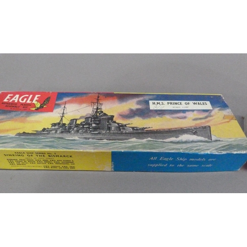 107 - Three Eagle model kits 1:1200, HMS Prince of Wales, HMS Warspite and Prinz Eugen, original boxes, to... 