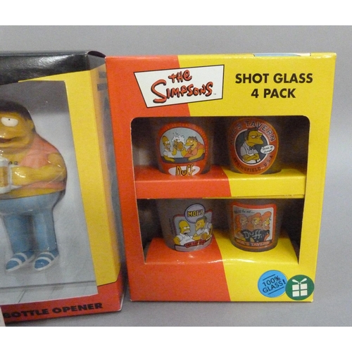 114 - The Simpsons: Barney bottle opener, Homer bottle opener, set of four shot glasses and a Homer paperw... 