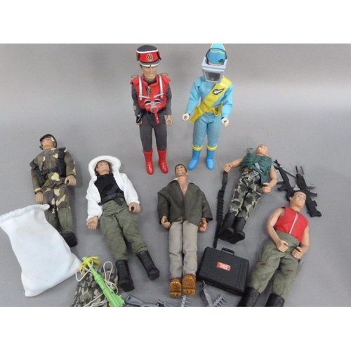 117 - Two modern Action Men and three other similar figures with clothes, Captain Scarlet and Virgil Tracy... 