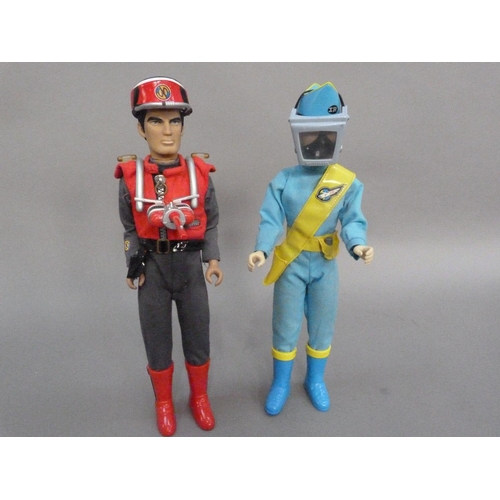 117 - Two modern Action Men and three other similar figures with clothes, Captain Scarlet and Virgil Tracy... 