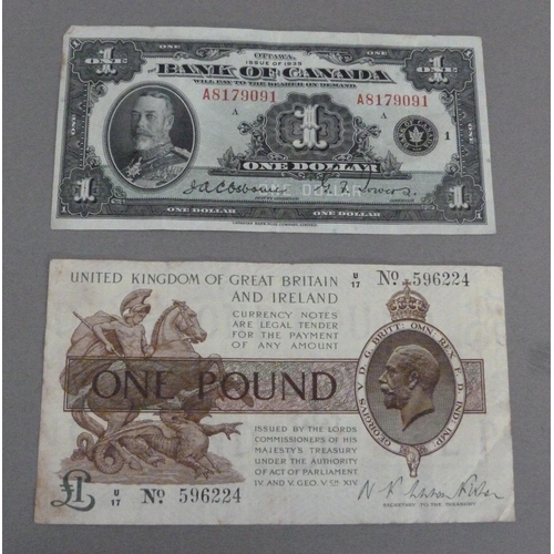 121 - George V one pound Treasury note first issue Warren Fisher plus Canada George V Bank of Canada one d... 