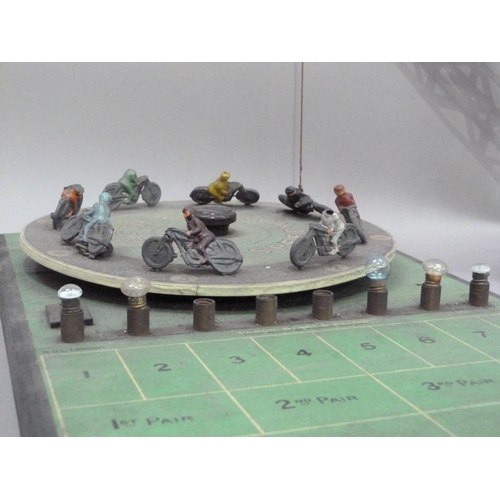 198 - Electric Speedway by BGL London, battery operated (flag and lightbulbs missing, four motorcyclists i... 