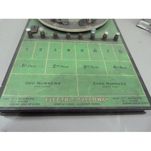 198 - Electric Speedway by BGL London, battery operated (flag and lightbulbs missing, four motorcyclists i... 