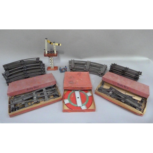 229 - Two Hornby O gauge parallel points, boxed (tatty and town), a quantity of track and No. 1 turntable,... 