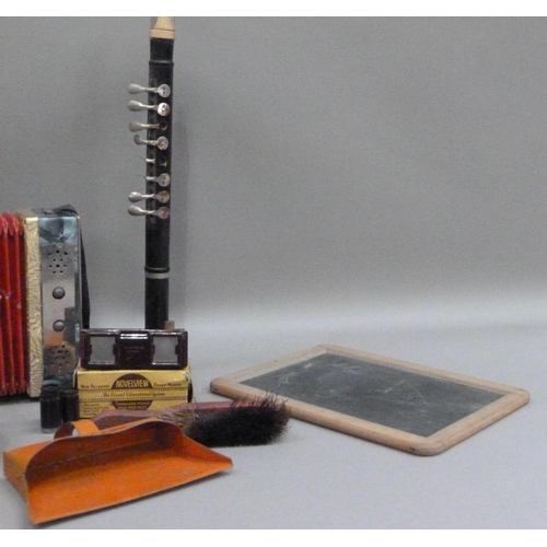 240 - A child's slate, a tin plate dustpan and brush, a child's accordion, Dux Kino projector, Novelview, ... 