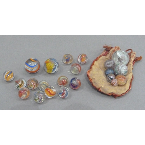 242 - A collection of vintage marbles to include six 'agate' marbles, six two-colour marbles with orange l... 