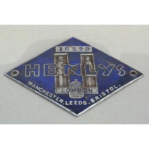 277 - A 1930s Henly's London, Manchester, Leeds & Bristol dealership dashboard badge No. 15228, blue ename... 