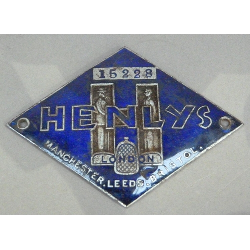 277 - A 1930s Henly's London, Manchester, Leeds & Bristol dealership dashboard badge No. 15228, blue ename... 