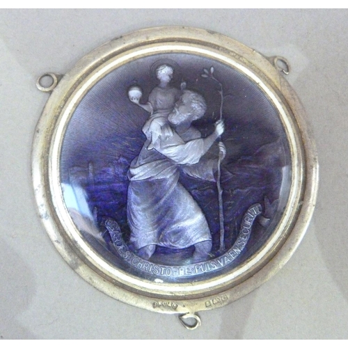 280 - A silver and amethyst enamelled St Christopher dashboard badge, circular 5.5cm diameter