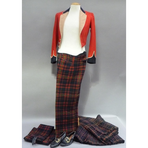 285 - An Officer's Queen's Own Cameron Highlander's scarlet mess jacket, kilt and trousers c.1950 and a pa... 