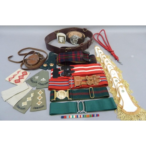 288 - An Officer's Queens Own Cameron Highlander's uniform accessories to include brown leather belt, 2 re... 