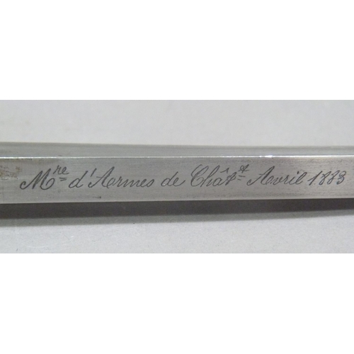 295 - A French Gras Bayonet, single edge fullered blade, 52cm, engraved M're d'Armes de Chat. Avril 1883, ... 