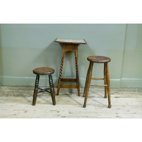129 - A tile topped square occasional table on barley turned legs, 79cm high; together with two late 19th ... 