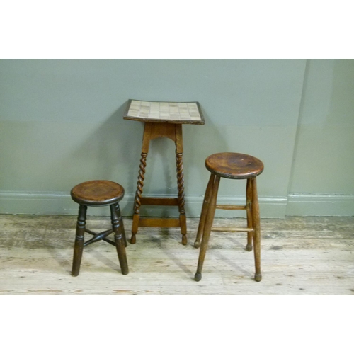 129 - A tile topped square occasional table on barley turned legs, 79cm high; together with two late 19th ... 