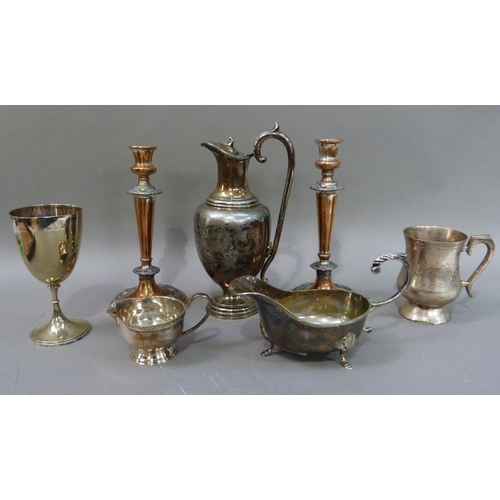 158 - A quantity of silver plated ware including, a pair of silver plate on copper table candlesticks, sau... 