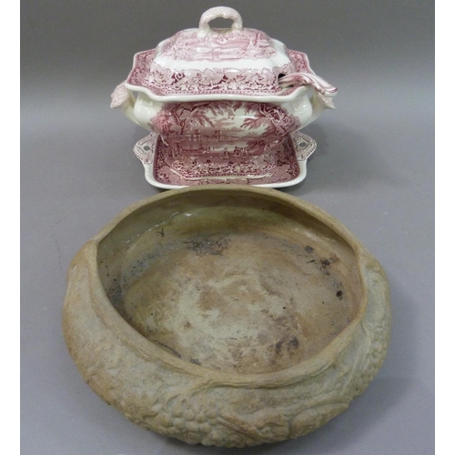 160 - A buff pottery bowl moulded with fruit; together with a Mason's vista pottery tureen, cover, stand a... 