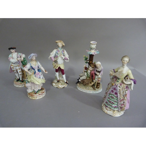 167 - A Sevres porcelain candlestick the rustic stump behind a woodsman and his companion by a brazier, 23... 