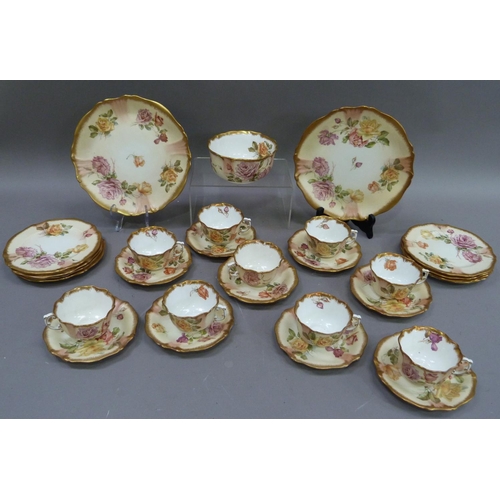170 - A Hammersley and Co tea service printed with rose sprays and leafage on a shaded apricot ground with... 