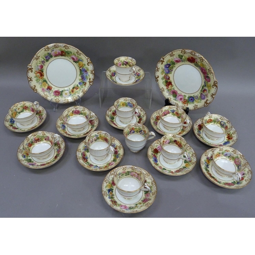 172 - A Copeland tea service painted with colourful floral sprays on a pale yellow ground the moulded bord... 