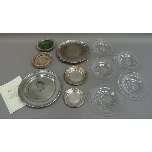 176 - A set of four cut glass plates, a pewter plate -The Queens Plate, limited edition 48/2000 designed b... 