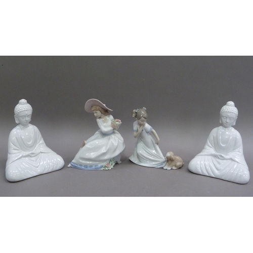 177 - Two Nao figures, one as a young girl with puppy pulling at her dress, another with girl carrying flo... 