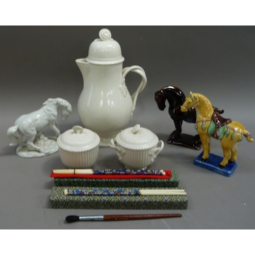 179 - Three items of cream ware including, a coffee pot with interlaced reeded handles, and a pair of poss... 