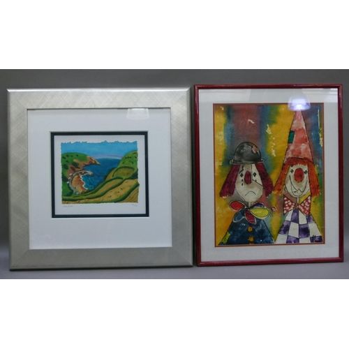 369 - Modern British School, beach side landscape, limited edition signed print, 25cm x 29cm, framed; toge... 