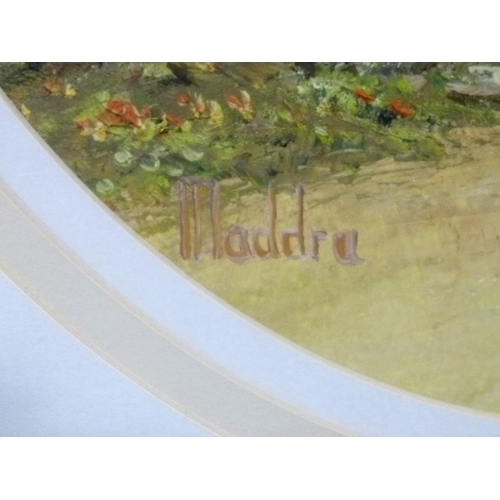 417 - Maddra - cottage exterior with hollyhocks, oval, signed, 40cm x 30cm, framed