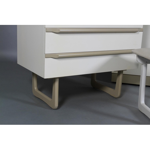 142 - Uniflex International Furniture, a two tone cream two door wardrobe and five drawer chest with bar h... 