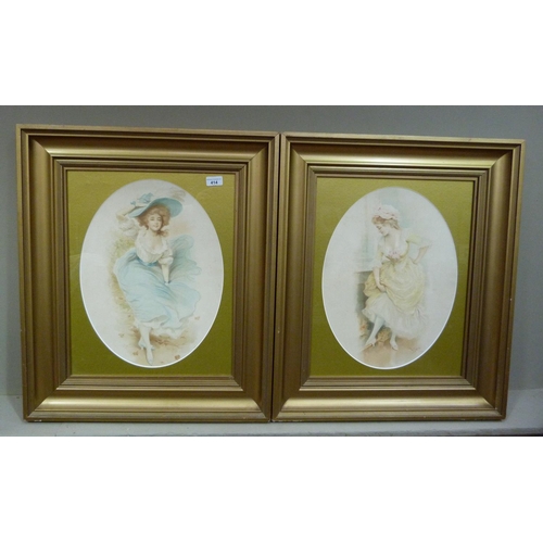 414 - Rossi - a pair of colour mezzatints of young women, ovals, 45cm x 33cm, gilt framed