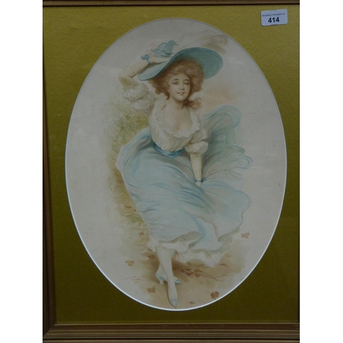 414 - Rossi - a pair of colour mezzatints of young women, ovals, 45cm x 33cm, gilt framed