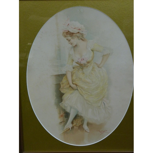 414 - Rossi - a pair of colour mezzatints of young women, ovals, 45cm x 33cm, gilt framed
