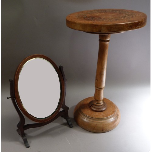 128 - A wooden occasional table with card circular top, turned pillar and spreading circular base, 59cm hi... 