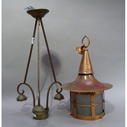 145 - A copper lacquered cylindrical hall lantern with flared top, 48cm high approximately; together with ... 
