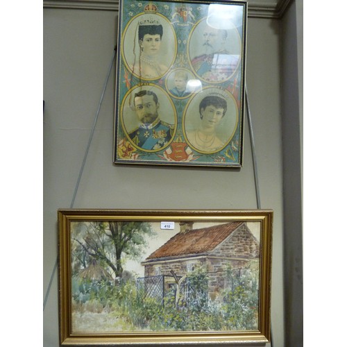 410 - English School 20th century summer cottage, watercolour; together with a commemorative print