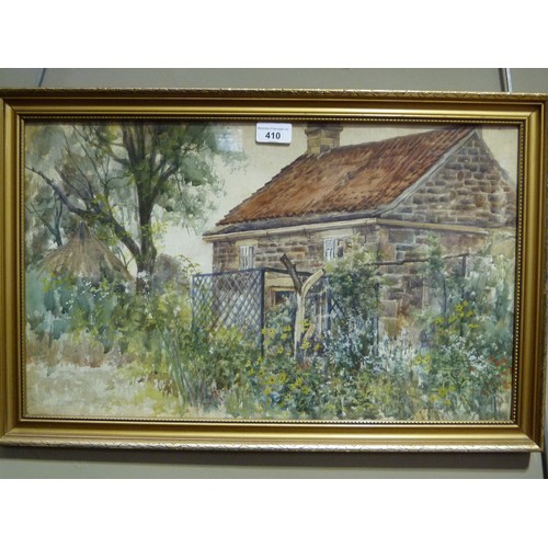 410 - English School 20th century summer cottage, watercolour; together with a commemorative print