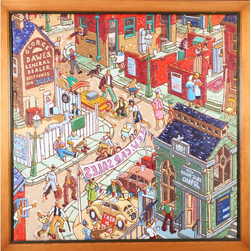 1 - ARR JOE SCARBOROUGH (b.1938), Busy street scene, car sales, scrapyard, the New Mount Zion Chapel and... 