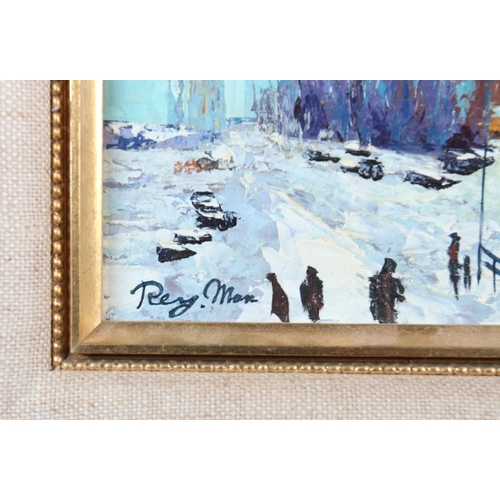 13 - MID 20TH CENTURY AMERICAN SCHOOL, New York City under snow, oil on board, indistinctly signed (Rey. ... 