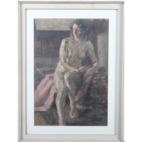 16 - MID 20TH CENTURY BRITISH SCHOOL, Female nude, sitting, oil on canvas laid onto board, unsigned, 36.5... 