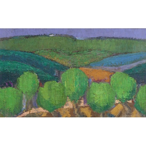 23 - 20TH CENTURY SCHOOL, Landscape depicting rolling hills and trees to foreground, oil on board, unsign... 