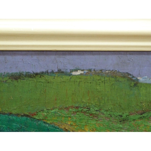 23 - 20TH CENTURY SCHOOL, Landscape depicting rolling hills and trees to foreground, oil on board, unsign... 