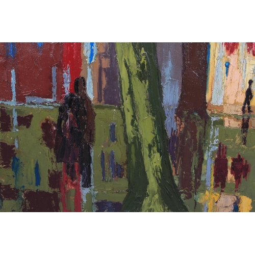 28 - ARR DRUIE BOWETT (1924 -1998), Arles 61, Street scene with trees and figures, oil on board, signed a... 